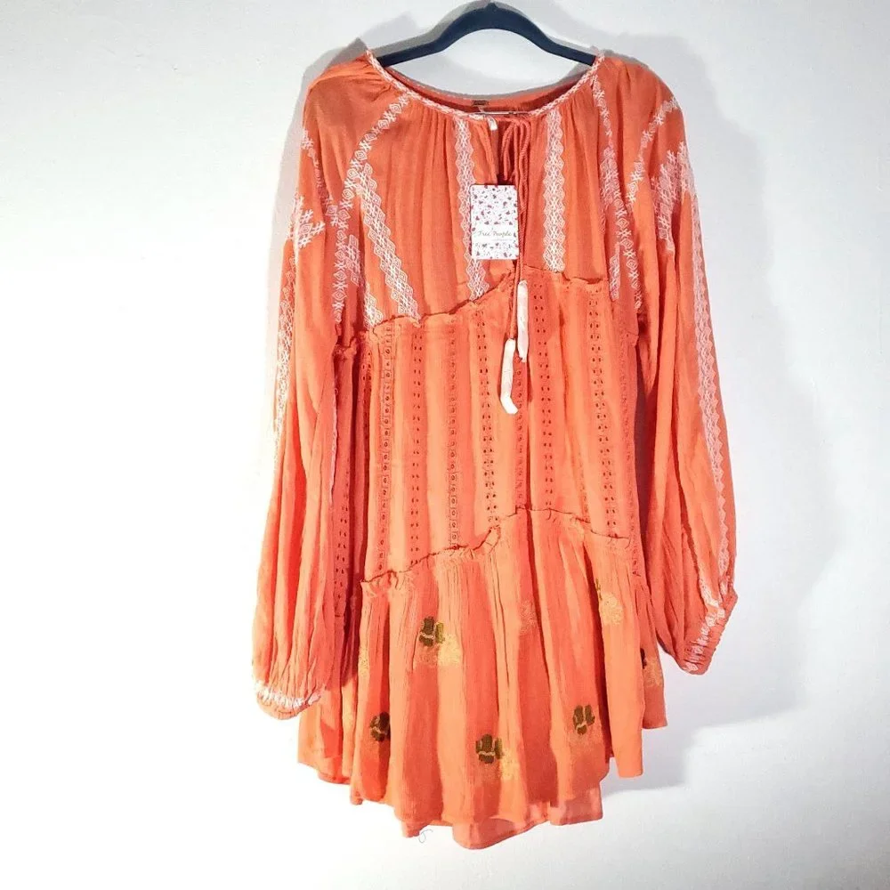 Free People Coral Orange Embroidered Mini Dress